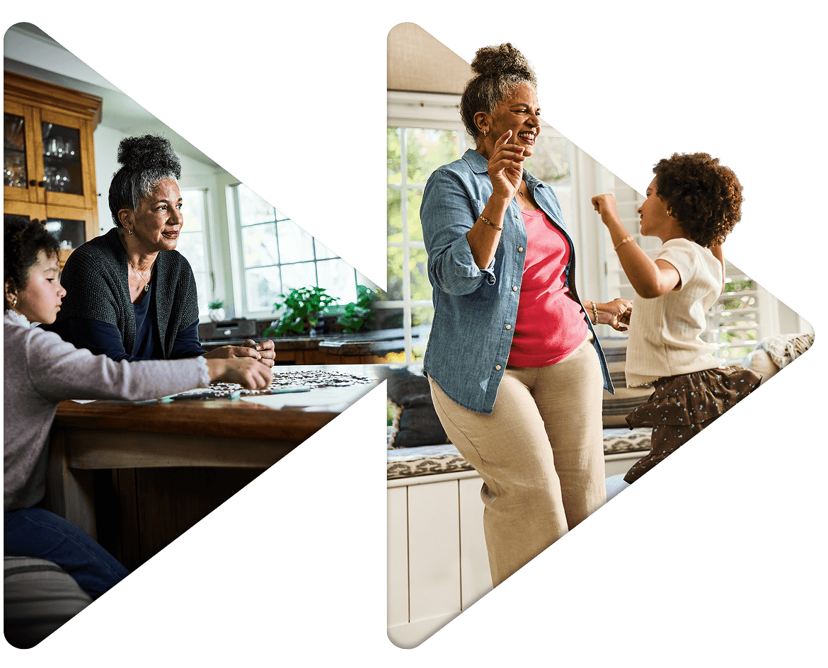 Grandmother and granddaughter dancing together with Move Forward and MYQORZO(TM) (aficamten) logo